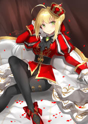 Rule 34 | 10s, 1girl, ahoge, arm up, black pants, blonde hair, blush, braid, breasts, brooch, closed mouth, commentary request, couch, crossed legs, crown, fate/extella, fate/extra, fate (series), gold trim, green eyes, hair bun, hair intakes, head tilt, jacket, jewelry, juliet sleeves, kagachi saku, long sleeves, medium breasts, mini crown, nero claudius (fate), nero claudius (fate) (all), nero claudius (fate/extra), official alternate costume, on couch, pants, pantyhose, petals, puffy sleeves, red jacket, sidelocks, signature, single hair bun, sitting, smile, solo, tilted headwear