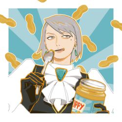 Rule 34 | 1girl, ace attorney, ascot, black gloves, black vest, blue background, blue eyes, blue hair, border, commentary, earrings, franziska von karma, gem, gloves, hands up, highres, holding, holding jar, holding spoon, jar, jewelry, mole, mole under eye, open mouth, peanut, peanut butter, shirt, short hair, solo, spoon, symbol-only commentary, tongue, tongue out, upper body, vest, white shirt, wwwsumiso