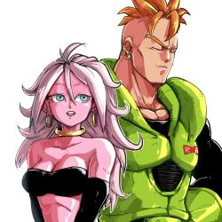 Rule 34 | 1boy, 1girl, android 16, android 21, armor, artist request, dragon ball, dragon ball fighterz, lowres, majin android 21, muscular, serious, smile, standing