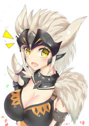 Rule 34 | 1girl, bikini, bikini top only, blush, breasts, cleavage, helmet, highres, horns, large breasts, monster hunter (series), monster hunter: world, nergigante (armor), solo, spikes, swimsuit, yellow eyes