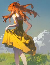 Rule 34 | 1girl, back, bare shoulders, breasts, choker, clothes lift, cloud, cloudy sky, day, dress, eliza 804, feet out of frame, floating hair, from behind, grass, hairpods, highres, kneepits, long hair, median furrow, neon genesis evangelion, orange hair, outdoors, skirt hold, sky, small breasts, solo, souryuu asuka langley, standing, straight hair, two side up, white choker, yellow dress
