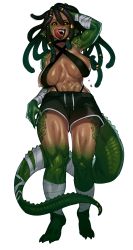 Rule 34 | 1girl, abs, arm wrap, black hair, black sclera, black shorts, breasts, choker, colored sclera, colored skin, criss-cross halter, crocodilian tail, dark-skinned female, dark skin, digitigrade, dreadlocks, eigaka, fangs, fewer digits, full body, green lips, green skin, hair tubes, halterneck, highleg, highleg panties, highres, large breasts, leg wrap, licking lips, lizard tail, long hair, long tail, long tongue, looking at viewer, multicolored skin, muscular, muscular female, naughty face, open mouth, original, panties, reptile girl, sagging breasts, scales, sharp teeth, shorts, simple background, skindentation, solo, standing, sweat, tail, teeth, thick thighs, thighs, tongue, tongue out, two-tone skin, underwear, upper teeth only, walking, white background, yellow eyes