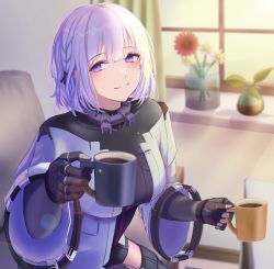 Rule 34 | 1girl, 3 small spiders, absurdres, black bodysuit, black gloves, blush, bodysuit, closed mouth, coffee cup, cup, disposable cup, elbow gloves, flower, girls&#039; frontline, gloves, highres, holding, holding cup, looking at viewer, purple eyes, revision, rpk-16 (girls&#039; frontline), short hair, silver hair, simple background, smile, solo, tactical clothes, upper body, vase, window