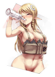 Rule 34 | 1girl, alcohol, areola slip, armpits, blonde hair, blush, braid, breasts, chugging, collarbone, commission, cowboy shot, drinking, flower, hair flower, hair ornament, hand on own hip, highres, large breasts, long hair, looking at viewer, magazine (weapon), navel, nude, packge, pointy ears, red eyes, sako rk 95 (upotte!!), side braid, simple background, solo, upotte!!, vodka, white background