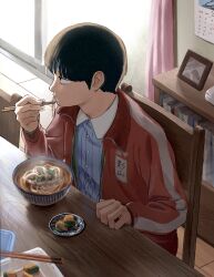 Rule 34 | 1boy, black hair, blunt bangs, bookshelf, bowl, bowl cut, calendar (object), chopsticks, clothes writing, curtains, eating, floor, food, food in mouth, from above, from side, hand up, highres, holding, holding chopsticks, indoors, jacket, kageyama shigeo, long sleeves, looking to the side, male focus, mob psycho 100, nanigaoka, noodles, pajamas, picture frame, plate, profile, red jacket, running bond, short hair, solo, steam, table, track jacket, wooden chair, wooden table
