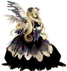 Rule 34 | 1girl, angel, blonde hair, dress, female focus, long hair, mzz, original, simple background, solo, twintails, white background, wings