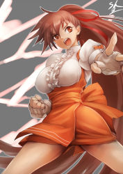 Rule 34 | 1girl, anna miller, breasts, brown eyes, brown hair, covered erect nipples, fighting stance, fingerless gloves, gloves, hair ribbon, large breasts, long hair, open mouth, ponytail, ribbon, signature, skirt, solo, sowel (sk3), standing, takeuchi yuka, tongue, variable geo, very long hair, waitress, white gloves