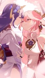 Rule 34 | 2girls, animal ears, arms behind back, bare shoulders, blunt bangs, cherry blossoms, closed mouth, crossed arms, earrings, face-to-face, genshin impact, hair between eyes, hair ornament, headpiece, highres, japanese clothes, jewelry, looking to the side, looking up, multiple girls, outdoors, pendant, pink hair, purple eyes, purple hair, raiden shogun, single earring, standing, twitter username, yae miko, yamagamiamami, yuri