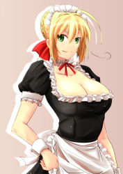 Rule 34 | 10s, 1girl, alternate costume, apron, bad id, bad pixiv id, blonde hair, breasts, cleavage, enmaided, fate/extra, fate/stay night, fate (series), green eyes, hair ribbon, huge breasts, kichihachi, maid, maid apron, maid headdress, nero claudius (fate), nero claudius (fate) (all), nero claudius (fate/extra), ribbon, simple background, smile, solo