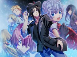 Rule 34 | 3girls, 4boys, antenna hair, black eyes, black gloves, black hair, black headwear, black jacket, black necktie, black shirt, blonde hair, blue eyes, blue jacket, blue pants, brain (kingdom hearts), brother and sister, buttons, closed mouth, collared shirt, commentary request, cowboy hat, elrena, ephemer (kingdom hearts), closed eyes, floating hair, from behind, gloves, green eyes, hair ribbon, hat, highres, jacket, kingdom hearts, kingdom hearts x, lauriam, long hair, looking at viewer, looking away, maimai melc, medium hair, multiple boys, multiple girls, necktie, open clothes, open jacket, orange hair, pants, pink hair, pocket, pointy hair, red ribbon, red scarf, ribbon, scarf, shirt, short hair, siblings, skuld (kingdom hearts), sleeping, smile, straight hair, strelitzia (kingdom hearts), ventus (kingdom hearts), very long hair, white hair, white jacket, white shirt, yellow eyes