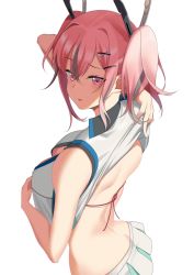Rule 34 | 1girl, ass, azur lane, back, ball, blue sky, blush, breasts, bremerton (azur lane), bremerton (scorching-hot training) (azur lane), butt crack, chain-link fence, cleavage, cleavage cutout, clothes lift, clothing cutout, crop top, day, duplicate, fence, from side, hair ornament, hairclip, highres, large breasts, lifting own clothes, looking at viewer, looking to the side, manjuu (azur lane), miniskirt, multicolored hair, ocean, official alternate costume, outdoors, oxygen mask (oxygenmask233), parted lips, pink eyes, pink hair, red hair, shirt, shirt lift, short hair, short twintails, skirt, sky, sleeveless, sleeveless shirt, solo focus, streaked hair, tennis ball, twintails, two-tone hair, white background, white shirt, white skirt, x hair ornament