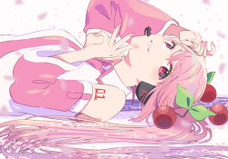 Rule 34 | 1girl, alternate color, bare shoulders, blush, breasts, cherry blossoms, cherry hair ornament, collared shirt, commentary, detached sleeves, falling petals, food-themed hair ornament, hair ornament, hand on forehead, hatsune miku, headset, hirayama kanna, long hair, looking at viewer, lying, medium breasts, miku day, necktie, number tattoo, on back, parted lips, petals, pink eyes, pink hair, pink nails, pink necktie, pink sleeves, sakura miku, shirt, sidelocks, sleeveless, sleeveless shirt, solo, symbol-only commentary, tattoo, twintails, upper body, very long hair, vocaloid, white shirt, white trim