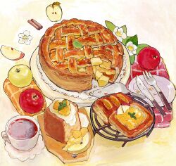 Rule 34 | absurdres, apple, apple pie, cake, cake slice, cake slicer, chiffon cake, cinnamon stick, cup, flower, food, food focus, fork, fruit, highres, knife, original, pastry, pie, plate, saucer, still life, tea, teacup, white flower, yasaioji3, yellow background