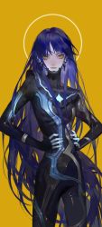 Rule 34 | 1boy, androgynous, armor, bodysuit, eyelashes, hands on own hips, highres, lin09, long hair, looking at viewer, male focus, protagonist (smtv), purple hair, shin megami tensei, shin megami tensei v, simple background, solo, very long hair, yellow eyes