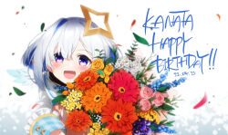 Rule 34 | 1girl, amane kanata, angel wings, asymmetrical bangs, asymmetrical hair, blue flower, blue hair, blurry, blush, bouquet, character name, colored inner hair, dated, feathered wings, flower, grey hair, gulim, hair over one eye, halo, happy birthday, highres, holding, holding bouquet, hololive, leaf, long sleeves, multicolored hair, open mouth, orange flower, petals, pink flower, purple eyes, red flower, rose, sailor collar, short hair, single hair intake, sleeve cuffs, solo, star halo, virtual youtuber, white flower, white sailor collar, wide sleeves, wings, yellow flower