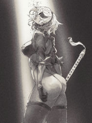 Rule 34 | 1girl, ass, blindfold, breasts, commentary, feather trim, from side, gloves, greyscale, hair ornament, hairband, highleg, highleg leotard, highres, holding, leotard, light, lips, long sleeves, looking up, medium breasts, minew, monochrome, nier:automata, nier (series), puffy sleeves, short hair, simple background, solo, thighhighs, thighs, 2b (nier:automata)