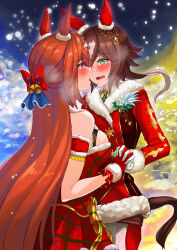 Rule 34 | 2girls, animal ears, bare shoulders, blush, breasts, brown hair, commentary request, daiwa scarlet (scarlet nuit etoile) (umamusume), daiwa scarlet (umamusume), dress, eye contact, fur-trimmed gloves, fur-trimmed jacket, fur-trimmed sleeves, fur trim, gloves, green eyes, hair between eyes, highres, holding hands, horse ears, horse girl, horse tail, interlocked fingers, jacket, large breasts, long hair, long sleeves, looking at another, mononoke (pixiv53597254), multiple girls, open mouth, profile, red dress, red eyes, red gloves, red jacket, snowing, tail, umamusume, very long hair, vodka (nonfreezing aqua vitae) (umamusume), vodka (umamusume), white gloves, yuri