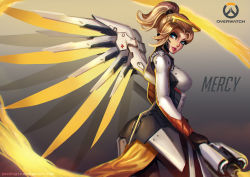 Rule 34 | 1girl, absurdres, blonde hair, blue eyes, bodysuit, eyelashes, halo, highres, jenny kung, lips, mechanical halo, mechanical wings, mercy (overwatch), overwatch, overwatch 1, pantyhose, ponytail, solo, staff, wings, yellow wings