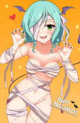 Rule 34 | 10s, 1girl, :d, bandages, bang dream!, bat wings, black nails, braid, breasts, brown background, claw pose, collarbone, commentary request, fangs, gluteal fold, green eyes, green hair, groin, hands up, head wings, heart, hikawa hina, long hair, looking at viewer, medium breasts, nail polish, naked bandage, navel, open mouth, partially visible vulva, purple wings, smile, solo, sonosakiburi, sparkle, standing, stitches, teeth, thigh gap, twin braids, upper teeth only, wings