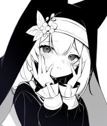 Rule 34 | 1girl, absurdres, animal ear headwear, aoitsuki, black eyes, black headwear, blue archive, blush, closed mouth, commentary request, double-parted bangs, fake animal ears, greyscale, hair between eyes, hands on own cheeks, hands on own face, hands up, highres, long sleeves, looking at viewer, mari (blue archive), monochrome, sailor collar, simple background, solo, turtleneck, upper body, veil, white background, white sailor collar