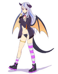 Rule 34 | 1girl, anklet, arm behind back, asymmetrical legwear, bad id, bad twitter id, bikini, black bikini, black footwear, black jacket, blue hair, boots, demon girl, demon horns, demon wings, detached collar, food, front-tie bikini top, front-tie top, highres, holding, holding food, horns, ice cream, jacket, jewelry, long hair, long sleeves, looking at viewer, mask, mask pull, mismatched legwear, mouth mask, multicolored hair, navel, open clothes, open jacket, original, purple eyes, shadow, shouhei, silver hair, simple background, single sock, single thighhigh, socks, solo, stomach, streaked hair, striped clothes, striped socks, striped thighhighs, surgical mask, swimsuit, tail, thighhighs, thighs, tongue, tongue out, white background, wings