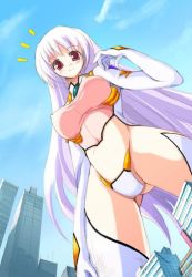 Rule 34 | 1girl, ariel alistair, artist request, blush, breasts, building, covered erect nipples, from below, giant, giantess, long hair, looking down, maebari teikoku no gyakushuu, nipples, red eyes, sky, smile, standing, very long hair, white hair