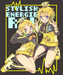 Rule 34 | 1boy, 1girl, badge, bandaid, bandaid on face, bandaid on nose, bass clef, black jacket, black shorts, blonde hair, brother and sister, buruma, commentary, double v, full body, grin, hair ornament, hands up, harusamesyota, highres, jacket, kagamine len, kagamine rin, kneehighs, kneeling, legs up, looking at viewer, multicolored clothes, multicolored jacket, open mouth, project diva (series), shoes, short hair, short ponytail, short shorts, shorts, siblings, smile, sneakers, socks, spiked hair, star (symbol), star print, stylish energy (module), swept bangs, treble clef, twins, two-tone jacket, v, vocaloid, w, yellow jacket