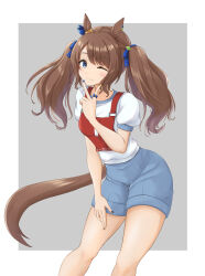 Rule 34 | 1girl, animal ears, blue eyes, blue ribbon, blue shorts, brown hair, character name, closed mouth, commentary, grey background, gym shirt, gym shorts, gym uniform, hair ribbon, hand on own thigh, highres, horse ears, horse girl, horse tail, jewelry, kemuri (etep3372), leaning forward, long hair, looking at viewer, nail polish, one eye closed, race bib, ribbon, ring, shirt, short sleeves, shorts, smile, solo, standing, t-shirt, tail, tosen jordan (umamusume), translated, twintails, umamusume, v, v over mouth, white shirt