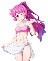 Rule 34 | 1girl, absurdres, alcmls1230, bikini, blue eyes, blush, breasts, heart, highres, kirishima romin, long hair, looking at viewer, navel, official alternate costume, one eye closed, open mouth, pink bikini, ponytail, purple hair, small breasts, solo, swimsuit, white background, yu-gi-oh!, yu-gi-oh! sevens