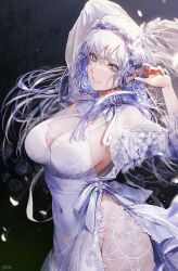 Rule 34 | 1girl, arm up, breasts, capelet, cleavage, covered navel, dress, falling petals, floating hair, grin, groin, head wreath, highres, kim eb, lace-trimmed capelet, lace trim, large breasts, light purple hair, looking at viewer, mole, mole under eye, original, patterned clothing, petals, see-through capelet, smile, solo, white dress