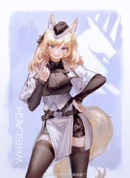Rule 34 | 1girl, achyue, animal ear fluff, animal ears, arknights, belt, black hat, black thighhighs, blonde hair, blue eyes, breasts, cape, character name, cowboy shot, garrison cap, hair ribbon, hand on own hip, hand up, hat, highres, horse girl, index finger raised, kingdom of kazimierz logo, long hair, long sleeves, looking at viewer, ribbon, smile, solo, standing, tail, thighhighs, thighs, whislash (arknights), white cape