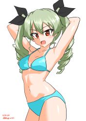 Rule 34 | 1girl, :d, absurdres, anchovy (girls und panzer), aqua bikini, armpits, arms behind head, arms up, bikini, black ribbon, breasts, commentary, cowboy shot, dated, drill hair, drops mint, girls und panzer, green hair, hair ribbon, highres, long hair, looking at viewer, medium breasts, navel, open mouth, red eyes, ribbon, simple background, smile, solo, standing, swimsuit, twin drills, twintails, twitter username, white background