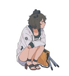 Rule 34 | 1girl, bag, blush, brown eyes, brown hair, closed mouth, full body, grey jacket, headgear, jacket, kantai collection, long sleeves, name tag, off shoulder, one-piece swimsuit, profile, rudder footwear, school swimsuit, short hair, simple background, solo, squatting, sumoffu, swimsuit, swimsuit under clothes, torpedo, white background, yukikaze (kancolle)
