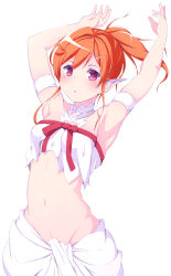 Rule 34 | 1girl, absurdres, arm strap, armband, armpits, arms up, breasts, choker, cosplay, ear covers, elf, fantasy, floating hair, groin, hair between eyes, highres, long hair, midriff, navel, open mouth, orange hair, original, pointy ears, ponytail, red eyes, red ribbon, ribbon, simple background, skindentation, skirt, small breasts, solo, standing, stomach, sword art online, titania (sao), titania (sao) (cosplay), wakkuchin20, white armband, white background, white choker, white skirt