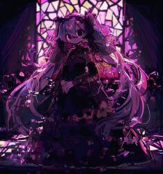 Rule 34 | 1girl, backlighting, black dress, closed mouth, detached sleeves, dilated pupils, dress, expressionless, full body, glitch, hair between eyes, hatsune miku, highres, long hair, looking at viewer, own hands together, purple theme, red eyes, sketch, solo, stained glass, standing, strapless, strapless dress, twintails, uenomigi, veil, very long hair, vocaloid, window, window shadow