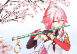 Rule 34 | 1girl, asymmetrical gloves, black gloves, branch, cherry blossoms, china dress, chinese clothes, closed eyes, dress, elbow gloves, fattybot, flute, fu hua, fu hua (phoenix), gloves, hair between eyes, hair ornament, holding, holding instrument, honkai (series), honkai impact 3rd, instrument, long hair, mismatched gloves, music, playing instrument, ponytail, red gloves, sleeveless, sleeveless dress, solo, white dress, white hair
