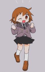 Rule 34 | 1girl, ahoge, black necktie, black skirt, blazer, brown eyes, brown footwear, brown hair, buttergirl 02, buttons, clenched hands, commentary request, double-breasted, ganbaru pose, grey background, grey jacket, hands up, highres, jacket, kill me baby, kneehighs, loafers, long sleeves, looking at viewer, necktie, notice lines, one eye closed, open mouth, oribe yasuna, school uniform, shoes, simple background, skirt, smile, socks, solo, standing, standing on one leg, v-shaped eyebrows, white socks