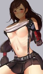Rule 34 | 1girl, :o, bare shoulders, black gloves, black skirt, blush, breasts, brown eyes, brown hair, clothes lift, earrings, elbow pads, final fantasy, final fantasy vii, final fantasy vii remake, fingerless gloves, gloves, highres, ippers, jewelry, long hair, looking at viewer, low-tied long hair, midriff, miniskirt, navel, open mouth, pencil skirt, pleated skirt, shaded face, shirt, shirt lift, skirt, solo, square enix, stomach, suspender skirt, suspenders, swept bangs, tank top, taut clothes, taut shirt, thighs, tifa lockhart, underboob, very long hair, white tank top