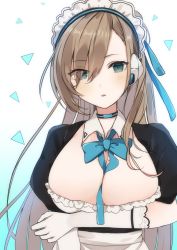 Rule 34 | 1girl, apron, asuna (blue archive), between breasts, blonde hair, blue archive, bow, bowtie, breast hold, breasts, chiho (pixiv10578873), choker, cleavage, detached collar, eyes visible through hair, gloves, gradient background, green eyes, hair ornament, hair over one eye, highres, large breasts, long hair, maid, maid headdress, mole, mole on breast, open mouth, parted bangs, parted lips, shorts, solo, upper body, white apron, white gloves