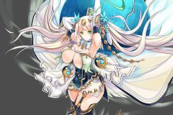 Rule 34 | 1girl, breasts, cleavage, gaia (kamihime), green eyes, kamihime project r, large breasts, long hair, thighs, white hair