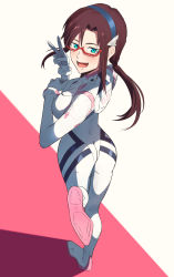 Rule 34 | 1girl, :d, ass, blue eyes, blush, bodysuit, breasts, brown hair, evangelion: 3.0+1.0 thrice upon a time, from behind, full body, glasses, hairband, highres, long hair, looking at viewer, makinami mari illustrious, medium breasts, neon genesis evangelion, open mouth, plugsuit, rebuild of evangelion, red-framed eyewear, smile, solo, standing, standing on one leg, twintails, v, yakisobaosu