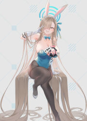 Rule 34 | 1girl, animal ears, armpits, asuna (blue archive), asuna (bunny) (blue archive), black pantyhose, blue archive, blue eyes, blue leotard, breasts, censored, character censor, cleavage, detached collar, fake animal ears, gloves, high heels, koharu (blue archive), large breasts, leotard, light brown hair, long hair, novelty censor, official alternate costume, pantyhose, rabbit ears, signature, solo, strapless, strapless leotard, tautiki, very long hair, white footwear, white gloves