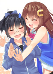 Rule 34 | 2girls, a-chan (hololive), bare shoulders, blue bow, blush, bow, bowtie, brown hair, closed eyes, collarbone, commentary request, facing another, glasses, glomp, hair between eyes, hair bow, hololive, hug, long sleeves, multiple girls, open mouth, outstretched arms, pink bow, ponytail, semi-rimless eyewear, smile, sweatdrop, tokino sora, tokino sora (old design), tonarikeru, under-rim eyewear, virtual youtuber, yuri