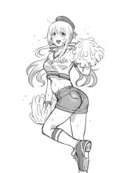 Rule 34 | 10s, 1girl, :d, atago (kancolle), bad id, bad pixiv id, beret, cheerleader, clothes writing, copyright name, crop top, greyscale, hat, kantai collection, kirusu, leg up, long hair, looking at viewer, monochrome, open mouth, pom pom (cheerleading), shoes, shorts, sketch, smile, sneakers, socks, solo, standing, standing on one leg, sweat