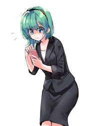 Rule 34 | 1girl, alternate costume, bad id, bad pixiv id, black hairband, black jacket, black skirt, blazer, cellphone, commentary request, feet out of frame, flying sweatdrops, green eyes, green hair, hairband, hand up, highres, holding, holding phone, jacket, long sleeves, looking at viewer, mappe (778exceed), phone, shiki eiki, shirt, short hair, simple background, skirt, skirt set, smartphone, solo, standing, sweat, touhou, white background, white shirt