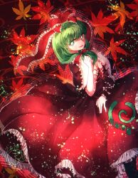 Rule 34 | 1girl, arm ribbon, bow, bright pupils, commentary request, dress, frilled bow, frilled dress, frilled ribbon, frilled sleeves, frills, green eyes, green hair, hair bow, hair ribbon, highres, kagiyama hina, leaf, open mouth, puffy short sleeves, puffy sleeves, red background, red bow, red dress, red ribbon, ribbon, short sleeves, smile, solo, touhou, white pupils, yukkyon kyon