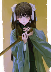 Rule 34 | 1girl, aqua robe, black hair, bow, china dress, chinese clothes, choppy bangs, cropped legs, dress, earrings, eyeball bracelet girl (fkey), fkey, gradient background, green dress, grey eyes, hair bow, highres, holding, holding sword, holding weapon, jewelry, jian (weapon), long hair, looking at viewer, original, sidelocks, simple background, sword, twintails, weapon, white bow, wide sleeves, yin yang, yin yang earrings