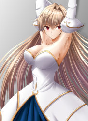 Rule 34 | 1girl, archetype earth, arcueid brunestud, arms up, blonde hair, breasts, cleavage, closed mouth, cowboy shot, detached sleeves, dress, grey background, hair intakes, highres, large breasts, long hair, looking at viewer, melty blood, red eyes, smile, solo, standing, strapless, tsukihime, white dress, yuuk33