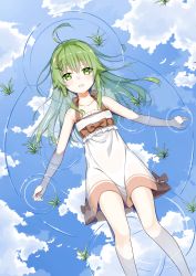 Rule 34 | 1girl, @ichigo, absurdres, ahoge, cloud, cloudy sky, collarbone, day, dress, green eyes, green hair, highres, long hair, looking at viewer, lying, on back, open mouth, original, outdoors, reflecting pool, reflection, reflective water, sky, sleeveless, sleeveless dress, solo, sundress, white dress