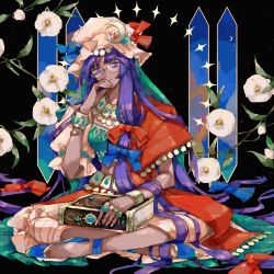 Rule 34 | 1girl, alternate costume, book, bracelet, branch, butterfly sitting, flower, full body, gem, highres, jewelry, long hair, looking at viewer, necklace, patchouli knowledge, purple eyes, purple hair, sitting, smile, solo, sosei, touhou, very long hair, white flower